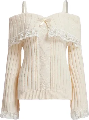 Women Y2k Cold Shoulder Knit Sweater Top Long Sleeve Lace Trim Knitted Pullover Sweaters Bow Cardigan Streetwear
