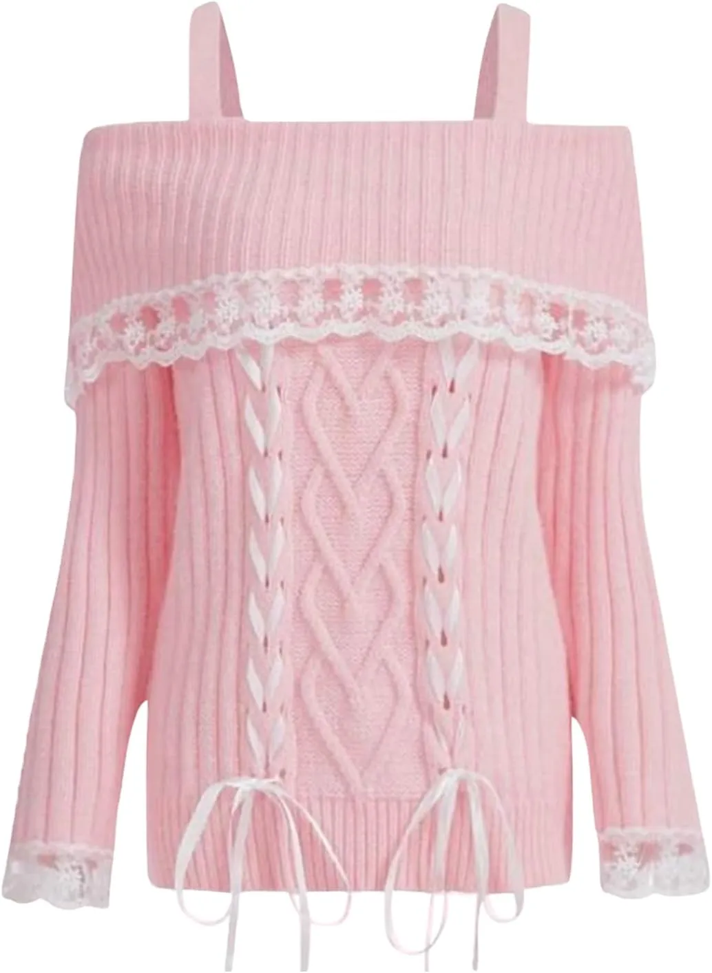 Women Y2k Cold Shoulder Knit Sweater Top Long Sleeve Lace Trim Knitted Pullover Sweaters Bow Cardigan Streetwear