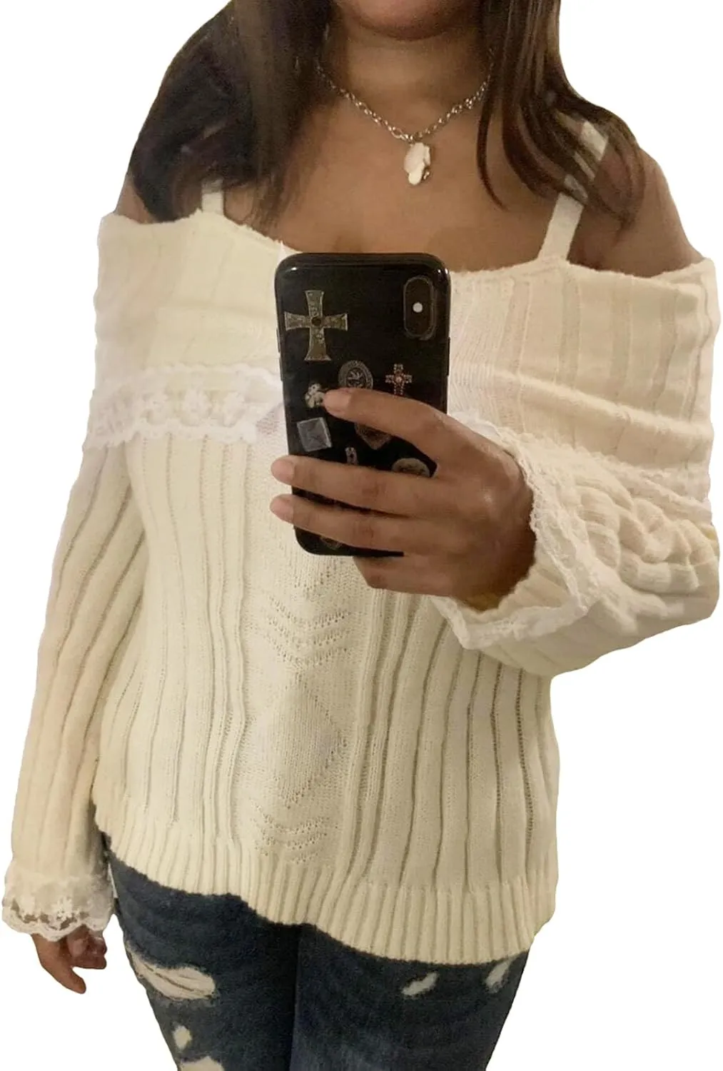 Women Y2k Cold Shoulder Knit Sweater Top Long Sleeve Lace Trim Knitted Pullover Sweaters Bow Cardigan Streetwear