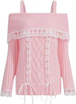 Women Y2k Cold Shoulder Knit Sweater Top Long Sleeve Lace Trim Knitted Pullover Sweaters Bow Cardigan Streetwear