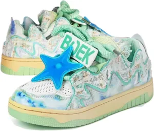 Women Y2K Retro Sneakers, Colorful 3D Star Trainers, Pastel Tie Dye Patch 3D Star Comfortable Streetwear Teens Walking Shoes