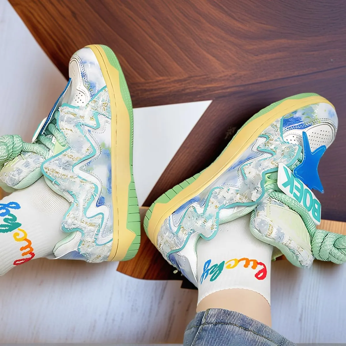 Women Y2K Retro Sneakers, Colorful 3D Star Trainers, Pastel Tie Dye Patch 3D Star Comfortable Streetwear Teens Walking Shoes