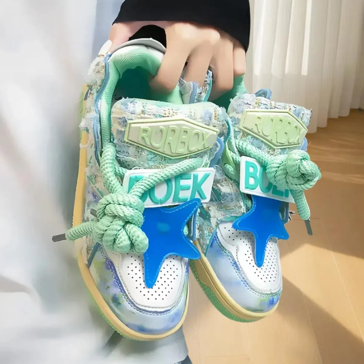 Women Y2K Retro Sneakers, Colorful 3D Star Trainers, Pastel Tie Dye Patch 3D Star Comfortable Streetwear Teens Walking Shoes