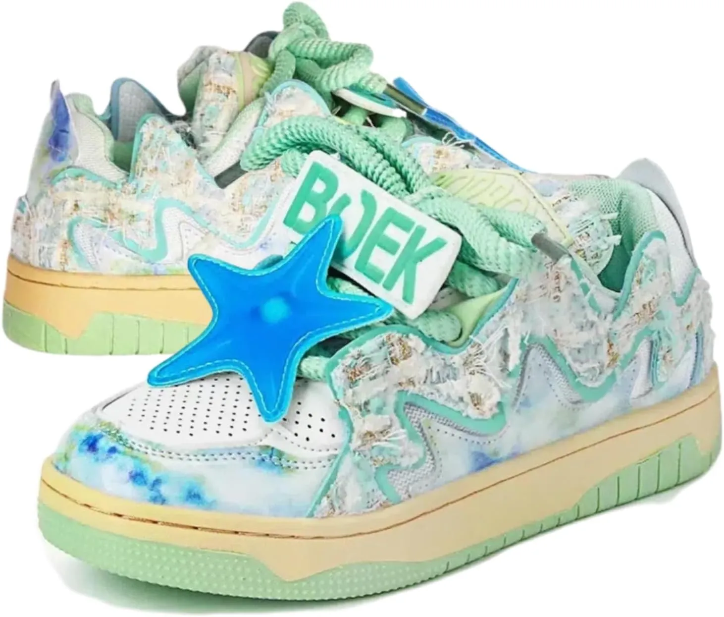 Women Y2K Retro Sneakers, Colorful 3D Star Trainers, Pastel Tie Dye Patch 3D Star Comfortable Streetwear Teens Walking Shoes
