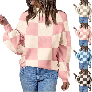 Women's 2024 Fall Fashion Long Sleeve Crewneck Sweaters Color Block Ribbed Knit Loose Pullover Sweater Tops Winter