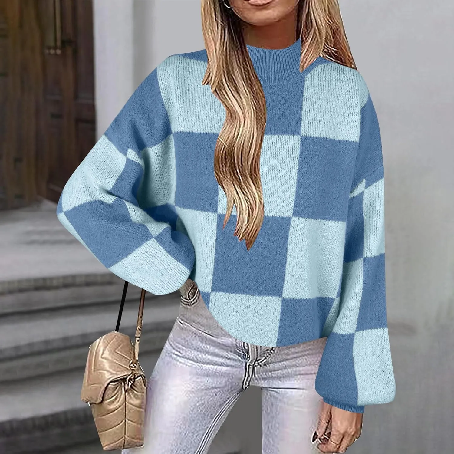 Women's 2024 Fall Fashion Long Sleeve Crewneck Sweaters Color Block Ribbed Knit Loose Pullover Sweater Tops Winter