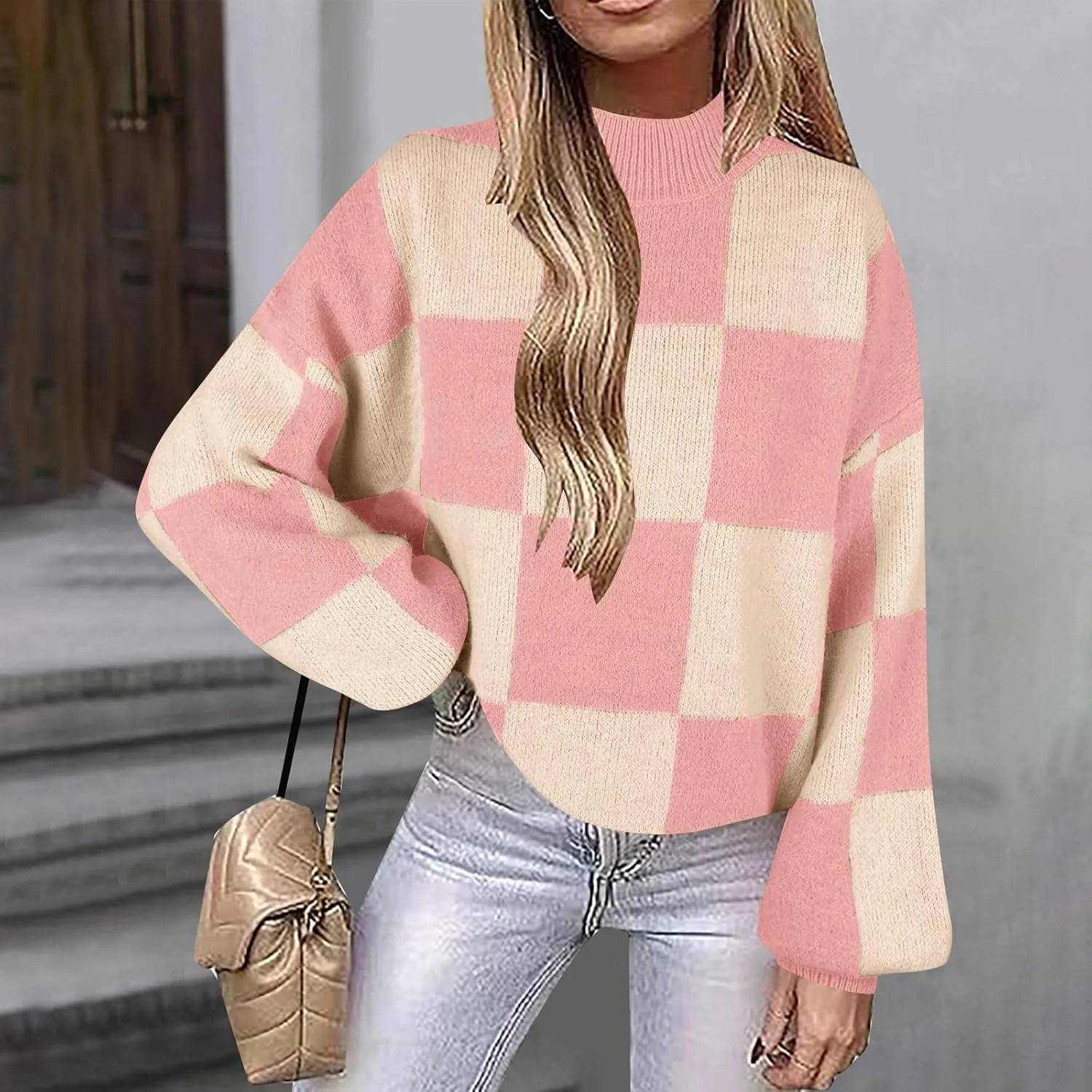 Women's 2024 Fall Fashion Long Sleeve Crewneck Sweaters Color Block Ribbed Knit Loose Pullover Sweater Tops Winter