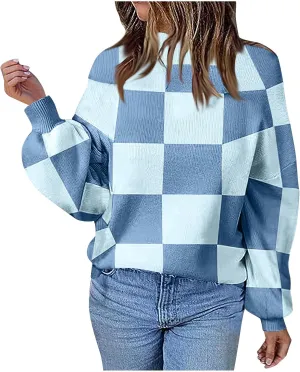 Women's 2024 Fall Fashion Long Sleeve Crewneck Sweaters Color Block Ribbed Knit Loose Pullover Sweater Tops Winter