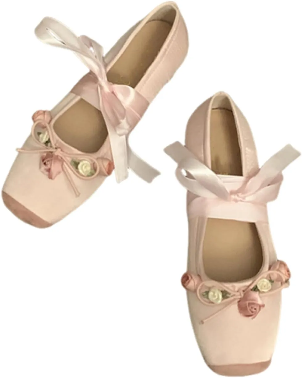 Women’s Ballet Flats Square Toe Satin Bowknot Mary Jane Shoes Elastic Strap Comfort Wedding Party Wedding Floral Shoes