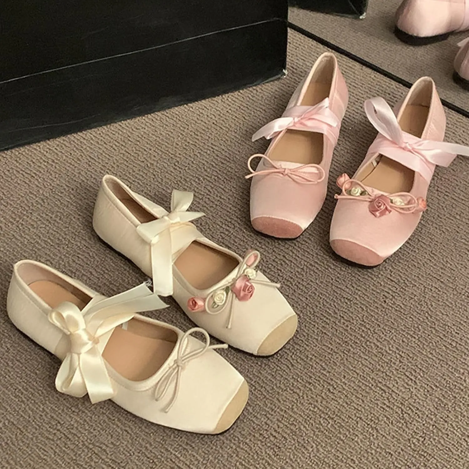 Women’s Ballet Flats Square Toe Satin Bowknot Mary Jane Shoes Elastic Strap Comfort Wedding Party Wedding Floral Shoes