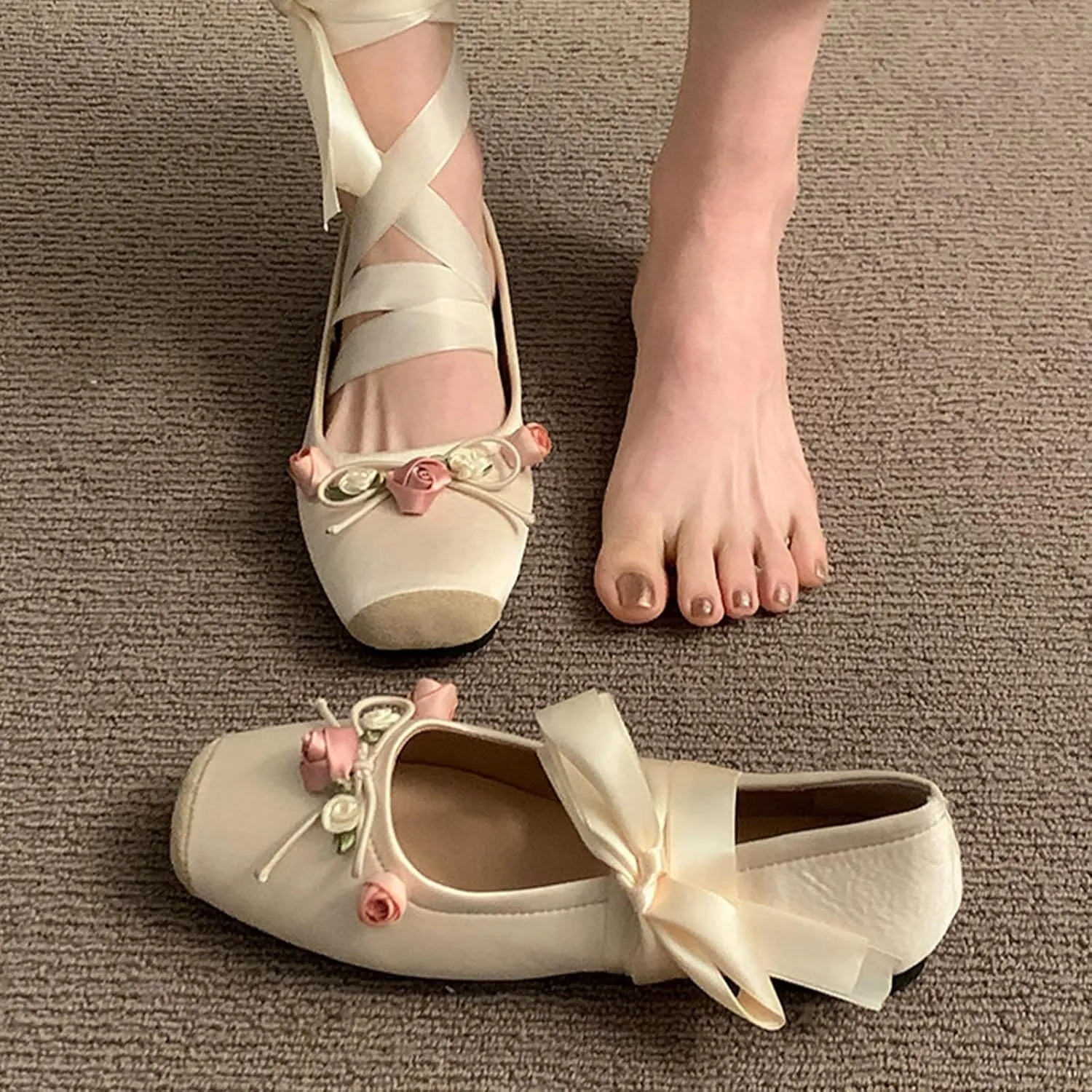Women’s Ballet Flats Square Toe Satin Bowknot Mary Jane Shoes Elastic Strap Comfort Wedding Party Wedding Floral Shoes