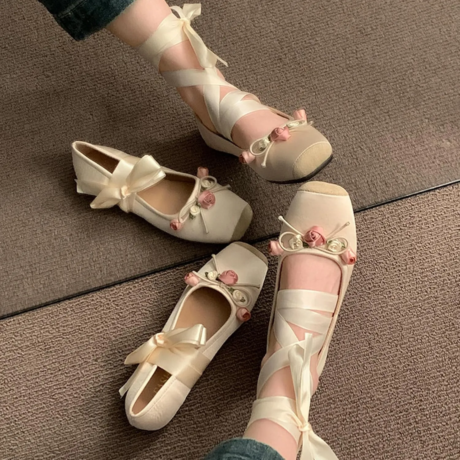 Women’s Ballet Flats Square Toe Satin Bowknot Mary Jane Shoes Elastic Strap Comfort Wedding Party Wedding Floral Shoes