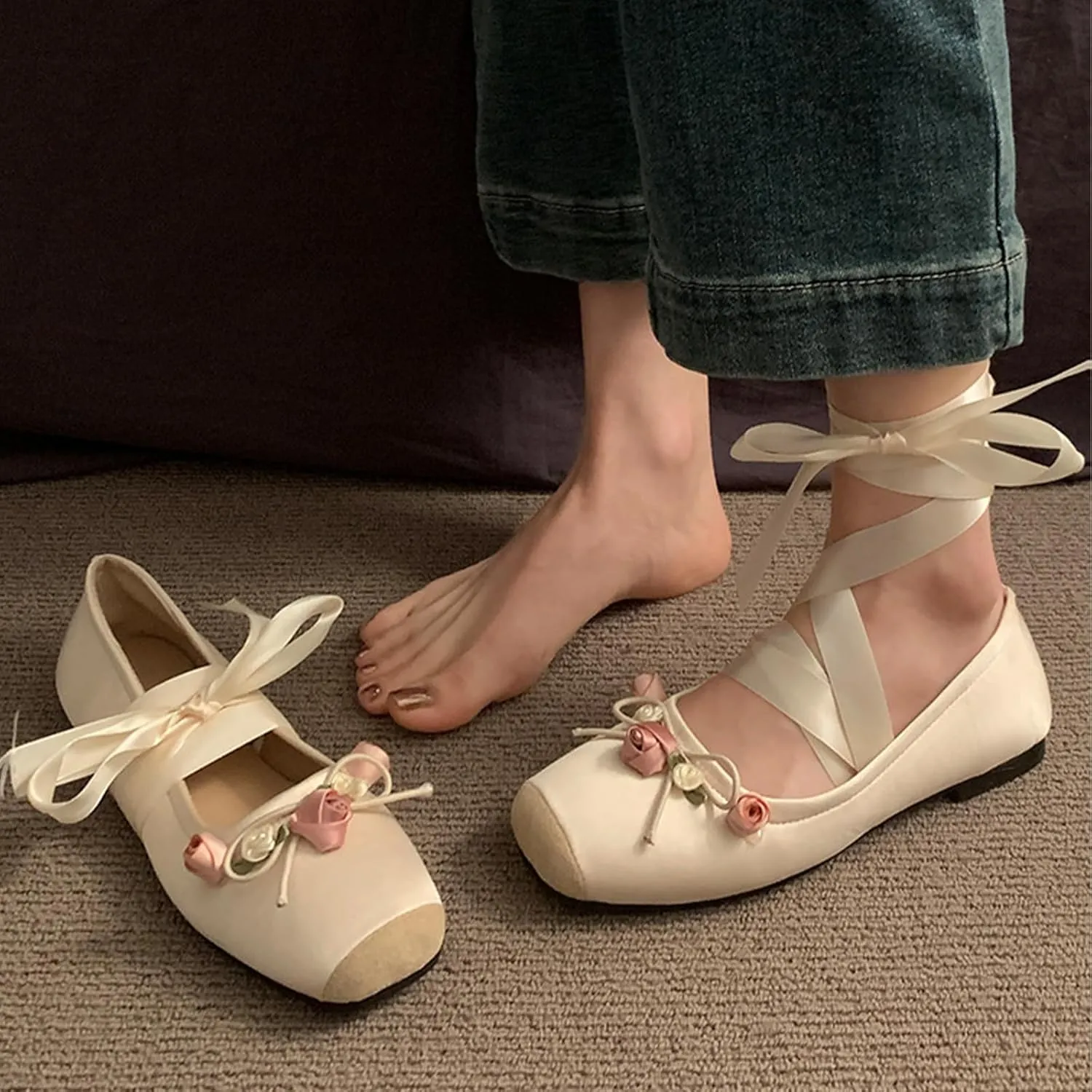 Women’s Ballet Flats Square Toe Satin Bowknot Mary Jane Shoes Elastic Strap Comfort Wedding Party Wedding Floral Shoes