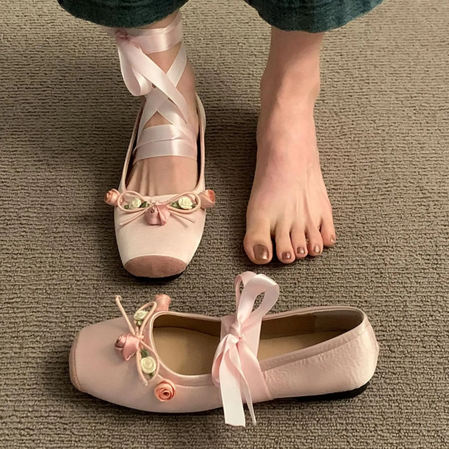 Women’s Ballet Flats Square Toe Satin Bowknot Mary Jane Shoes Elastic Strap Comfort Wedding Party Wedding Floral Shoes