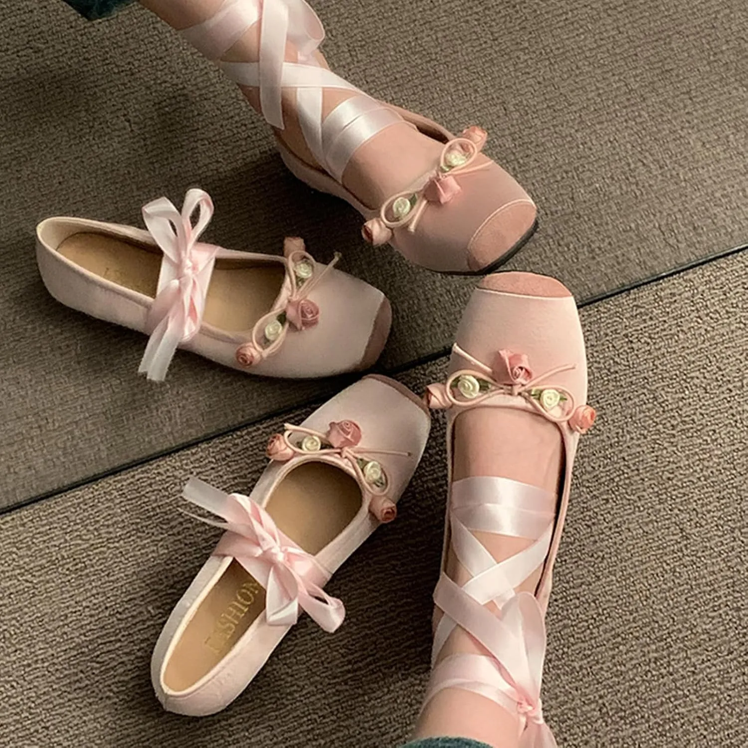 Women’s Ballet Flats Square Toe Satin Bowknot Mary Jane Shoes Elastic Strap Comfort Wedding Party Wedding Floral Shoes
