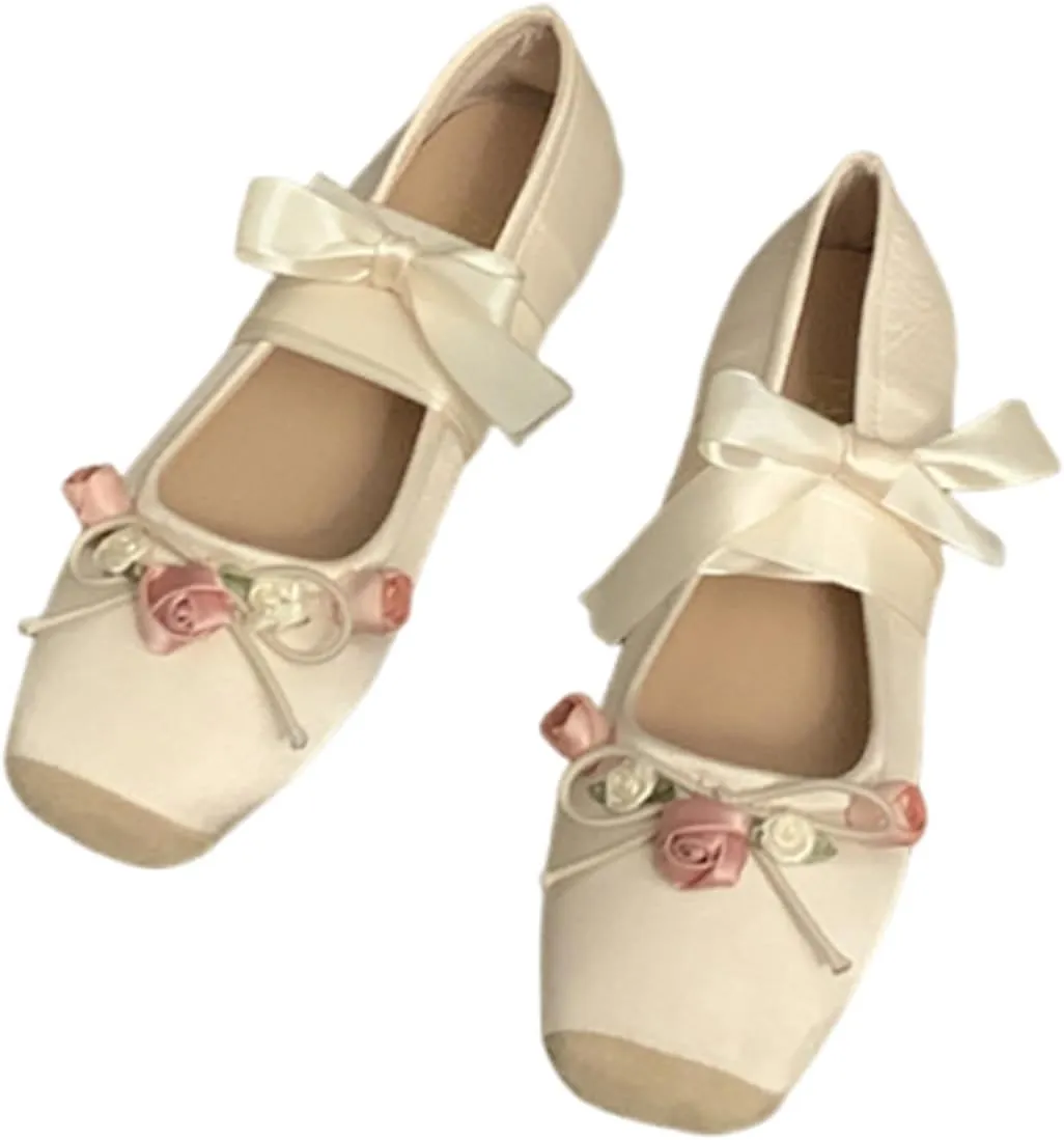 Women’s Ballet Flats Square Toe Satin Bowknot Mary Jane Shoes Elastic Strap Comfort Wedding Party Wedding Floral Shoes