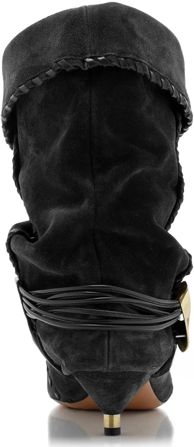 Womens Black Solid Slouchy Boots 2025 Ruched Mid Calf Kitten Heel Pointed Toe Pull On Boots