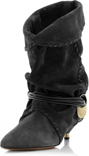 Womens Black Solid Slouchy Boots 2025 Ruched Mid Calf Kitten Heel Pointed Toe Pull On Boots