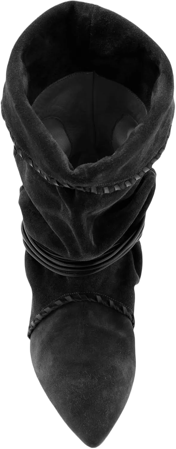 Womens Black Solid Slouchy Boots 2025 Ruched Mid Calf Kitten Heel Pointed Toe Pull On Boots
