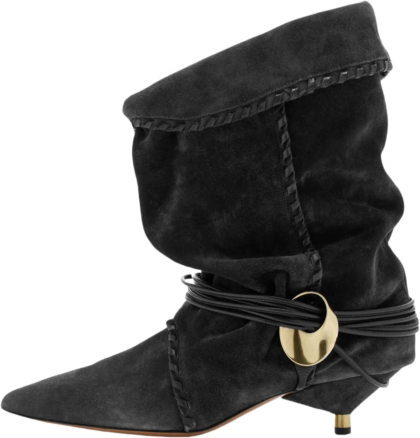 Womens Black Solid Slouchy Boots 2025 Ruched Mid Calf Kitten Heel Pointed Toe Pull On Boots