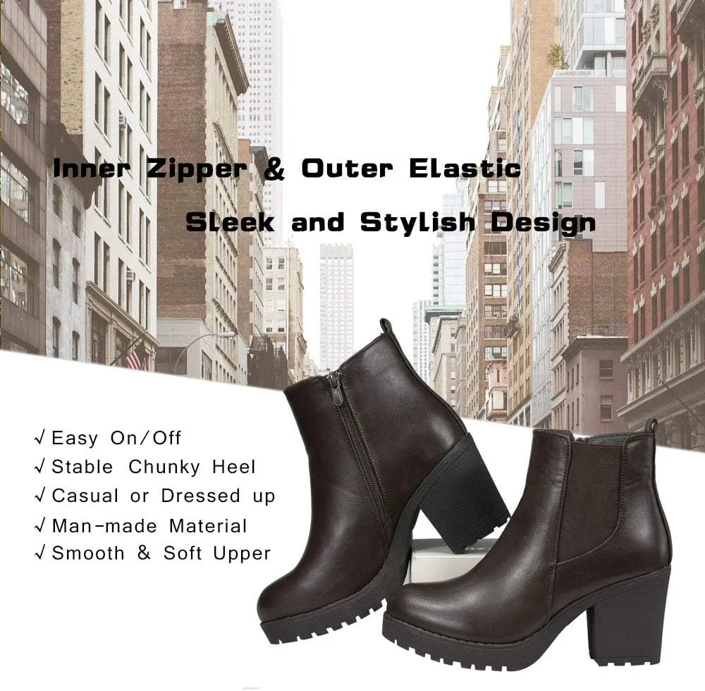 Women’s Block Chunky Heel Ankle Booties Slip on Platform Boots Zipper up High Heel Chelsea Boots