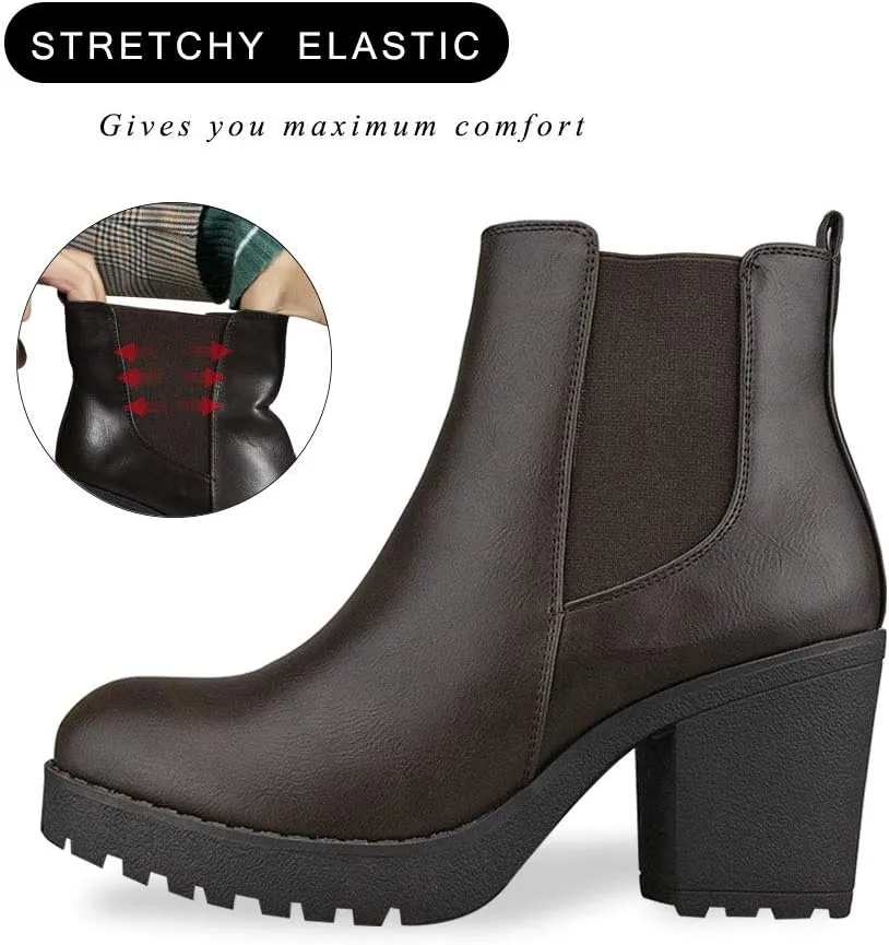 Women’s Block Chunky Heel Ankle Booties Slip on Platform Boots Zipper up High Heel Chelsea Boots