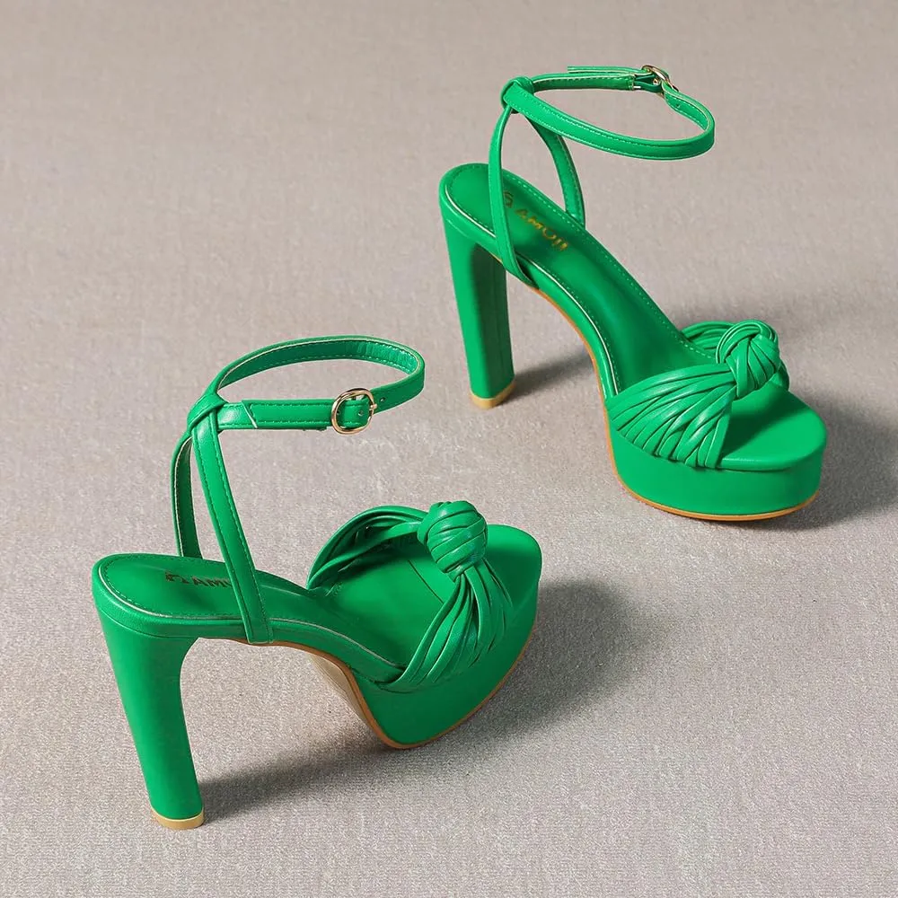 Women's Block Heels 4 Inch Platform Braid Knot Ankle Strap Lady Heeled Sandals FZ319