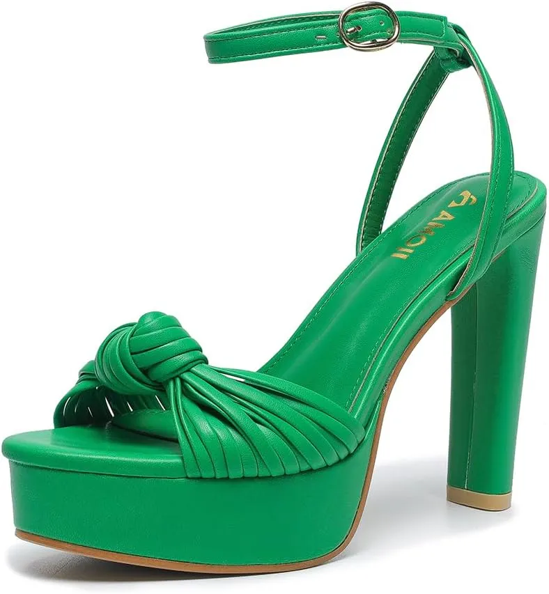 Women's Block Heels 4 Inch Platform Braid Knot Ankle Strap Lady Heeled Sandals FZ319