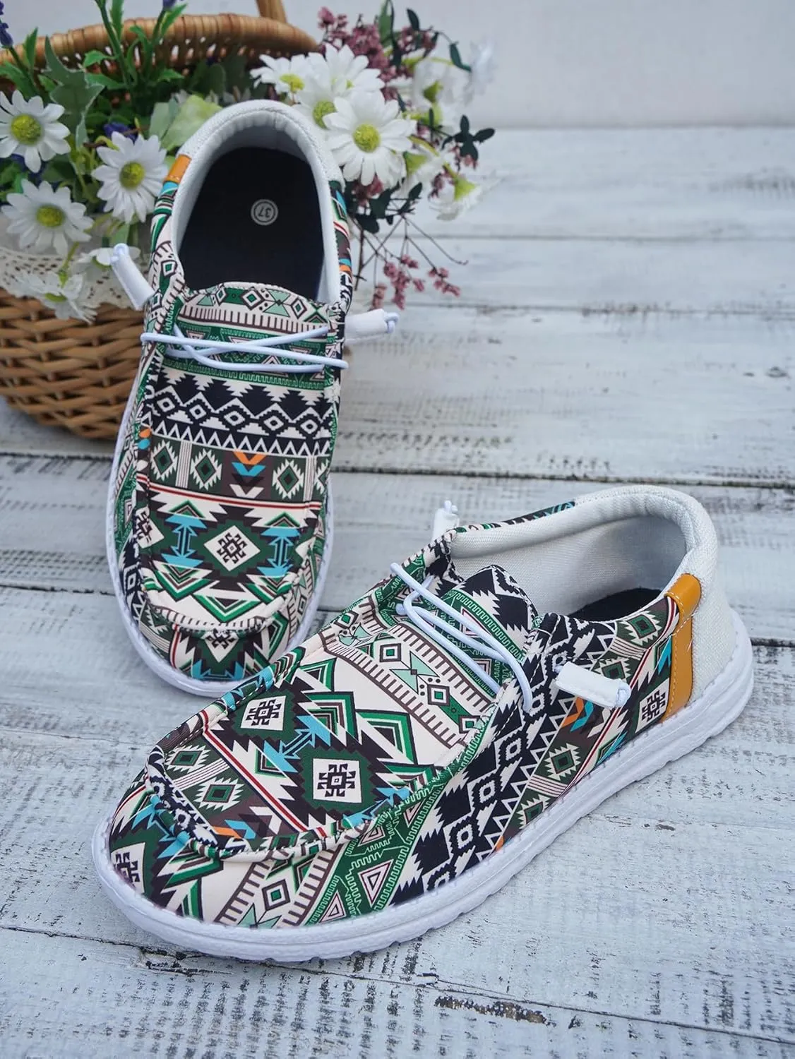 Women's Bohemian Design Sneakers Loafers Lace-up Adjustable Artistic Geometric Patterns Canvas Cushion Sole Orthopedic Reduces Fatigue Casual Comfy Daily Drive Wear