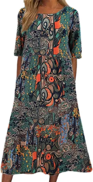 Women's Boho Floral Flowy A Line Midi Dress Loose Summer Casual Short Sleeve Beach Vacation Dresses with Pockets