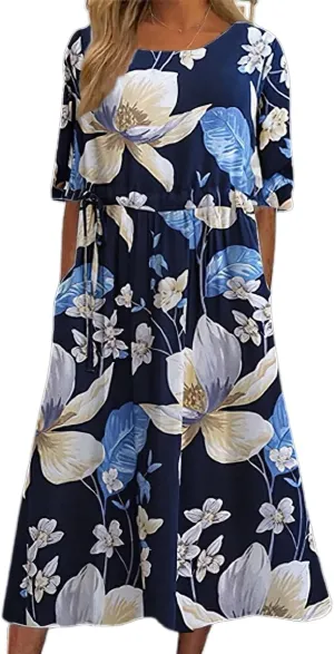 Women's Boho Floral Flowy A Line Midi Dress Loose Summer Casual Short Sleeve Beach Vacation Dresses with Pockets