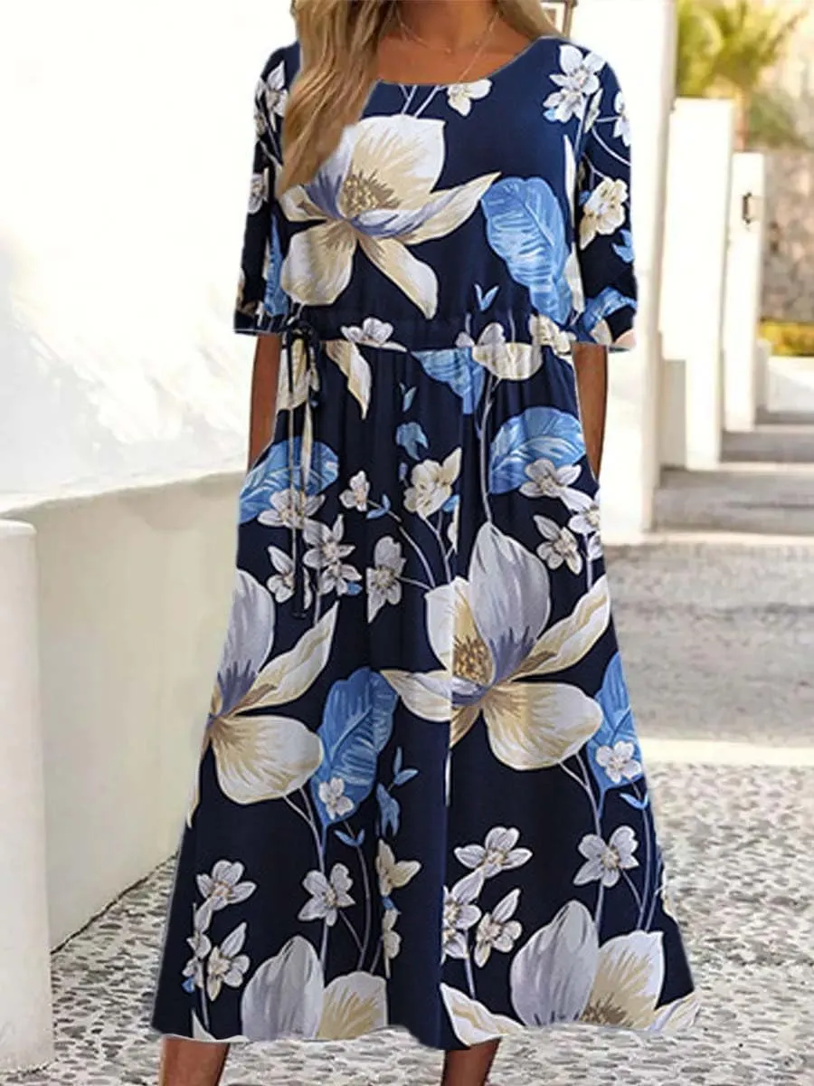 Women's Boho Floral Flowy A Line Midi Dress Loose Summer Casual Short Sleeve Beach Vacation Dresses with Pockets