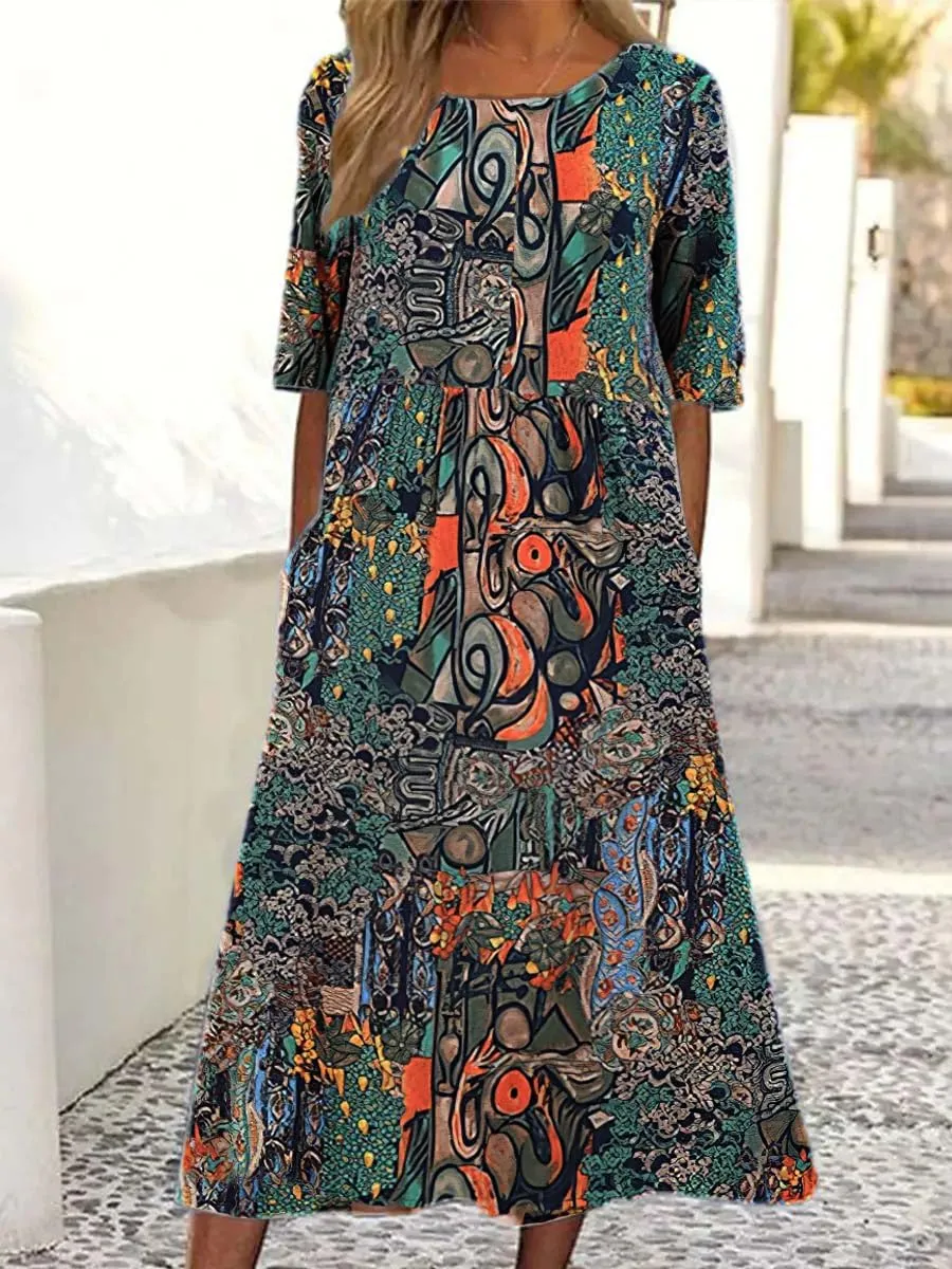Women's Boho Floral Flowy A Line Midi Dress Loose Summer Casual Short Sleeve Beach Vacation Dresses with Pockets