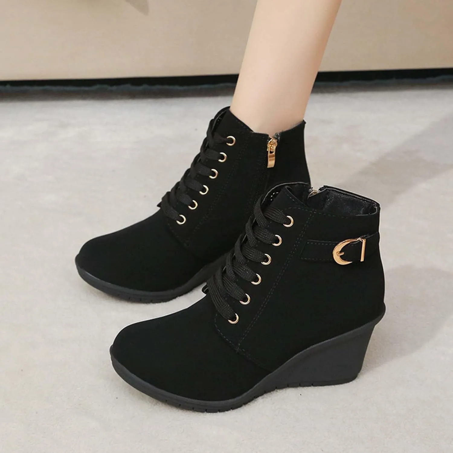 Womens Boots Large Size Slope Heel Boots Height Increase Thick Bottom Short Boots Fashion Boots with Buckle