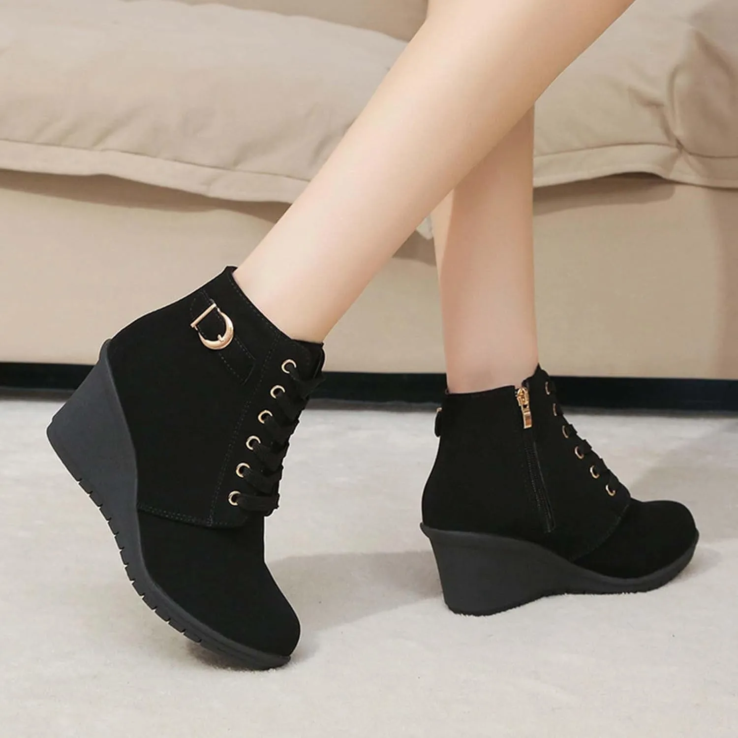 Womens Boots Large Size Slope Heel Boots Height Increase Thick Bottom Short Boots Fashion Boots with Buckle