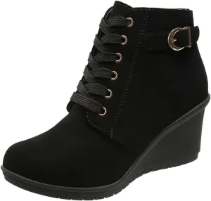 Womens Boots Large Size Slope Heel Boots Height Increase Thick Bottom Short Boots Fashion Boots with Buckle