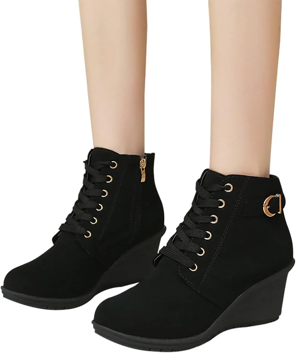 Womens Boots Large Size Slope Heel Boots Height Increase Thick Bottom Short Boots Fashion Boots with Buckle