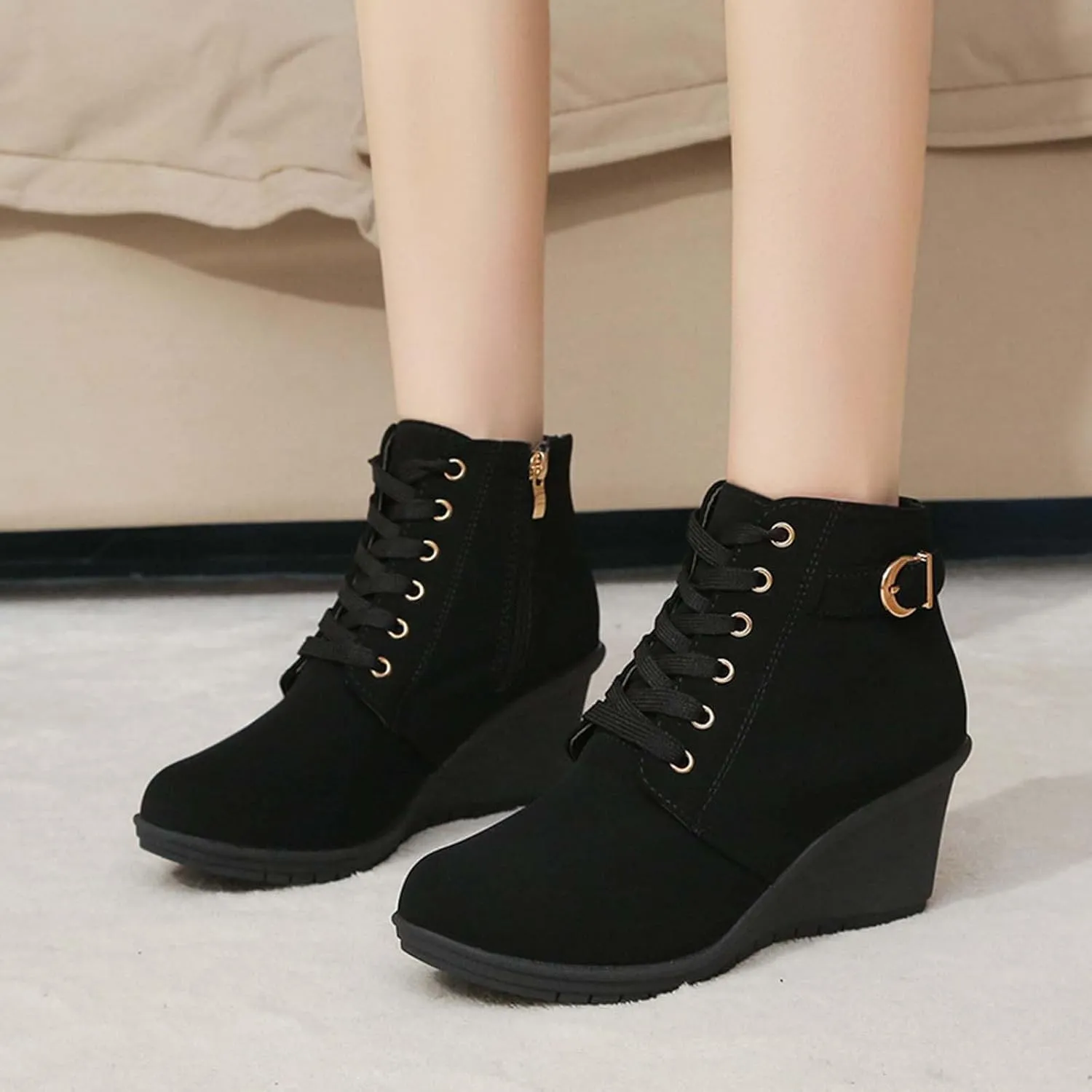Womens Boots Large Size Slope Heel Boots Height Increase Thick Bottom Short Boots Fashion Boots with Buckle