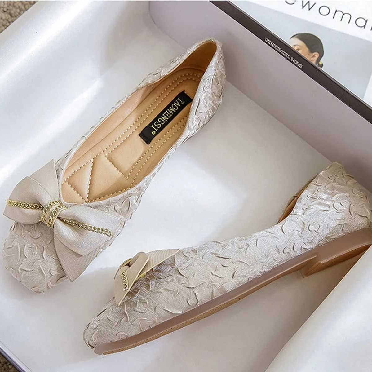 Women's Bowtie Square Toe Soft Slip On Wide Ballets Flats,Comfortable Fashion for Pregnant Woman Walking Shoes