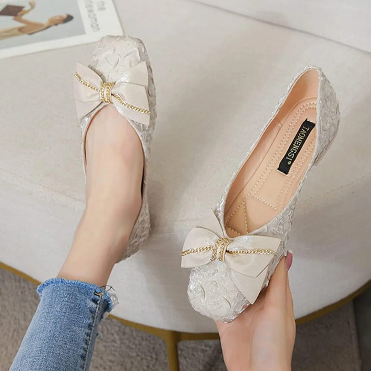 Women's Bowtie Square Toe Soft Slip On Wide Ballets Flats,Comfortable Fashion for Pregnant Woman Walking Shoes