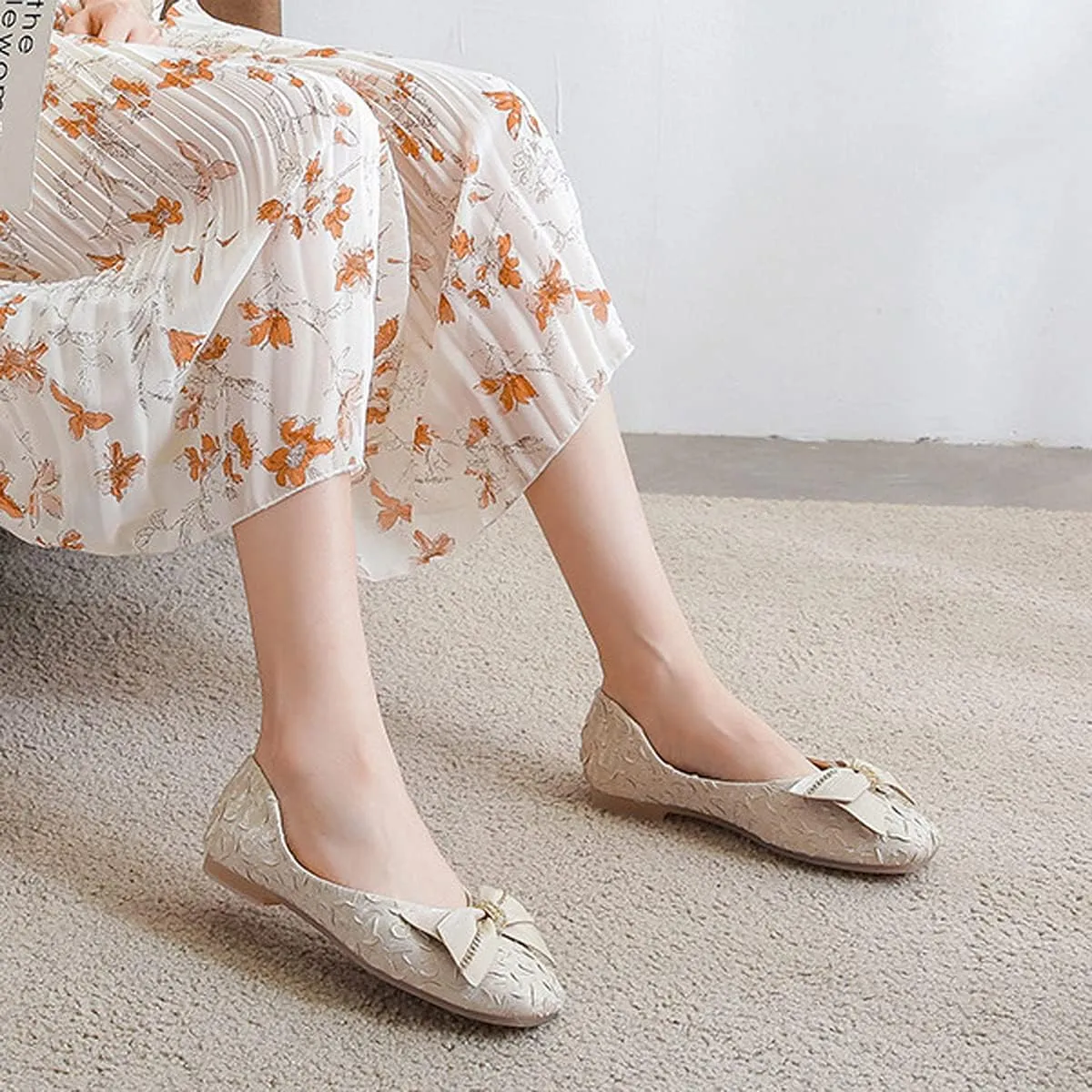 Women's Bowtie Square Toe Soft Slip On Wide Ballets Flats,Comfortable Fashion for Pregnant Woman Walking Shoes