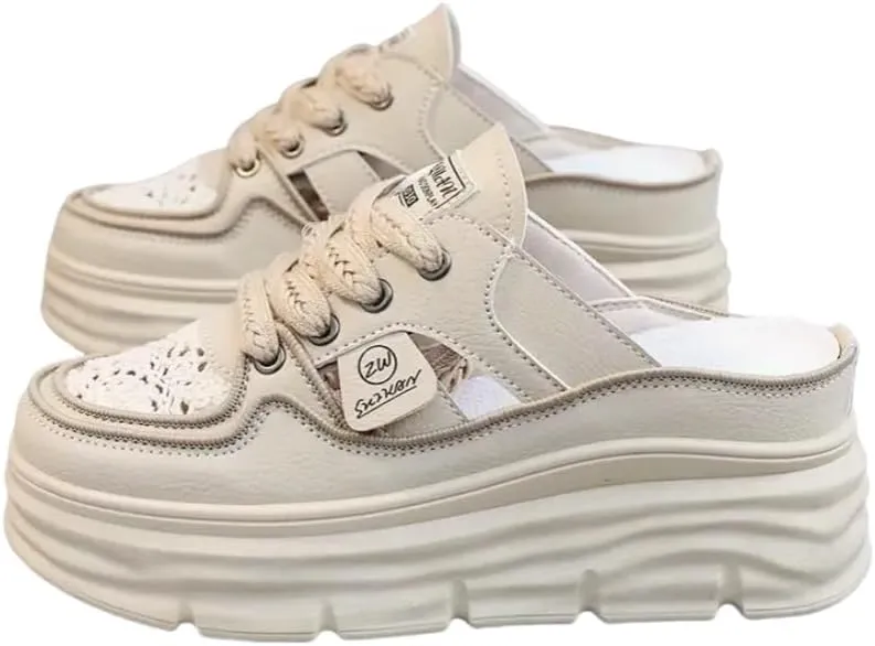Women's Breathable Platform Mule Sneakers, Casual Cutout Design Lace Up, Comfortable Summer