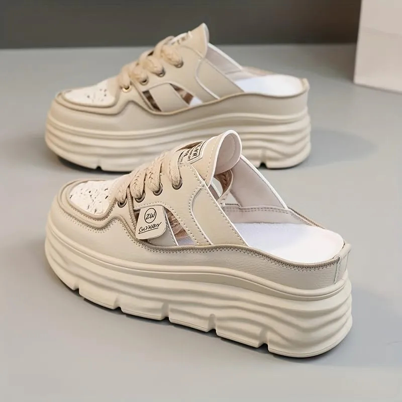 Women's Breathable Platform Mule Sneakers, Casual Cutout Design Lace Up, Comfortable Summer