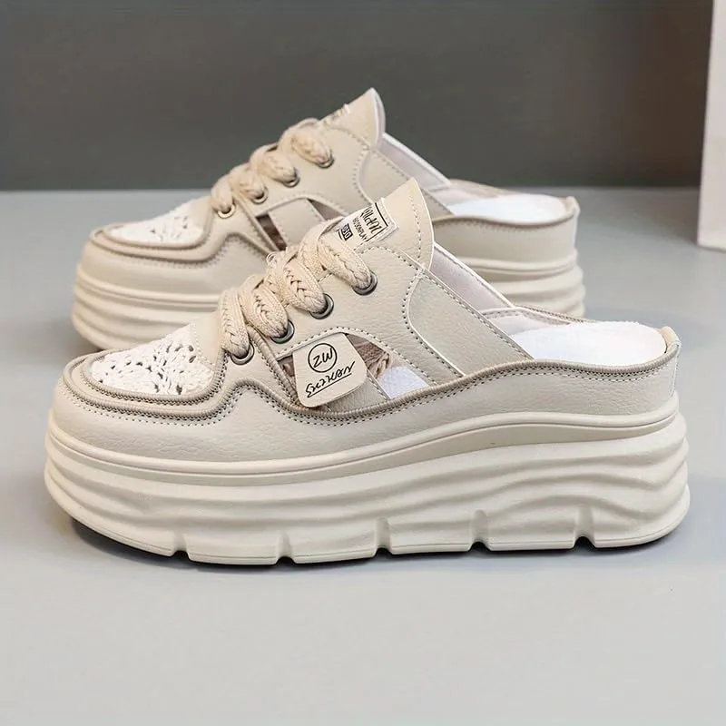 Women's Breathable Platform Mule Sneakers, Casual Cutout Design Lace Up, Comfortable Summer