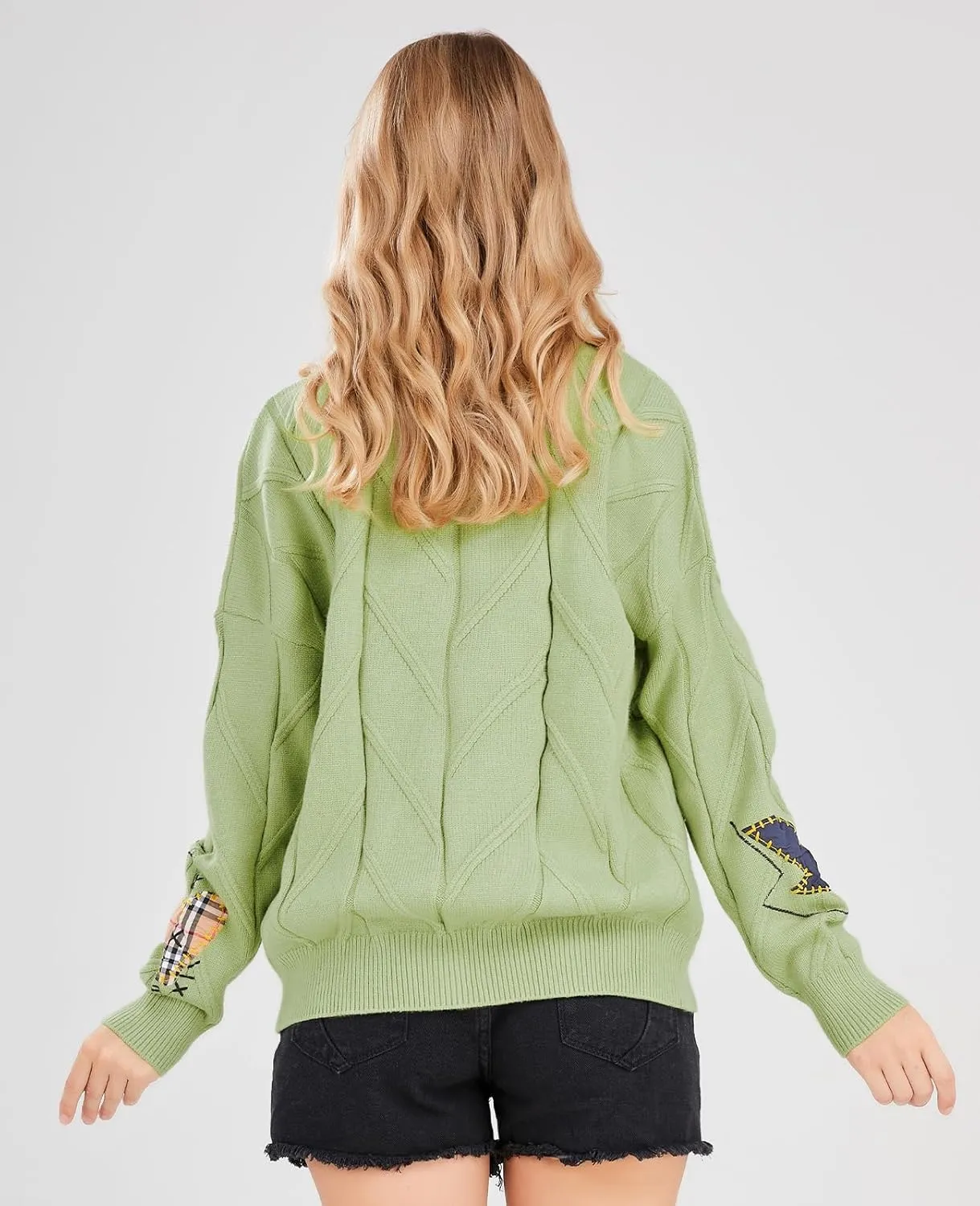 Women's Cable Knit Long Sleeve Open Front Cardigan Sheep V-Neck Button Down Embroidery Wool Blend Sweater Coat Outwear