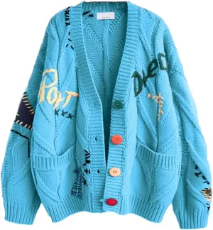 Women's Cable Knit Long Sleeve Open Front Cardigan Sheep V-Neck Button Down Embroidery Wool Blend Sweater Coat Outwear