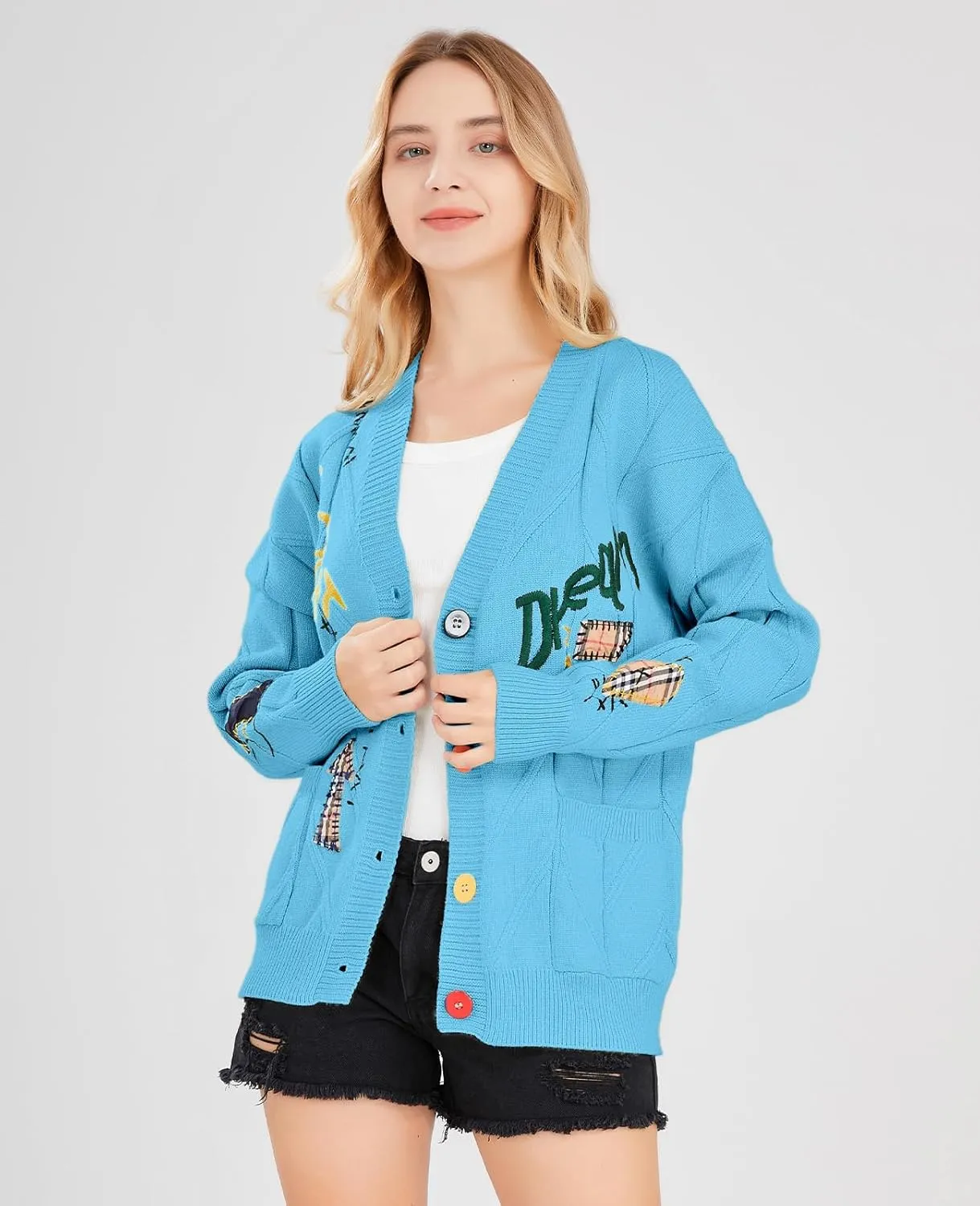 Women's Cable Knit Long Sleeve Open Front Cardigan Sheep V-Neck Button Down Embroidery Wool Blend Sweater Coat Outwear