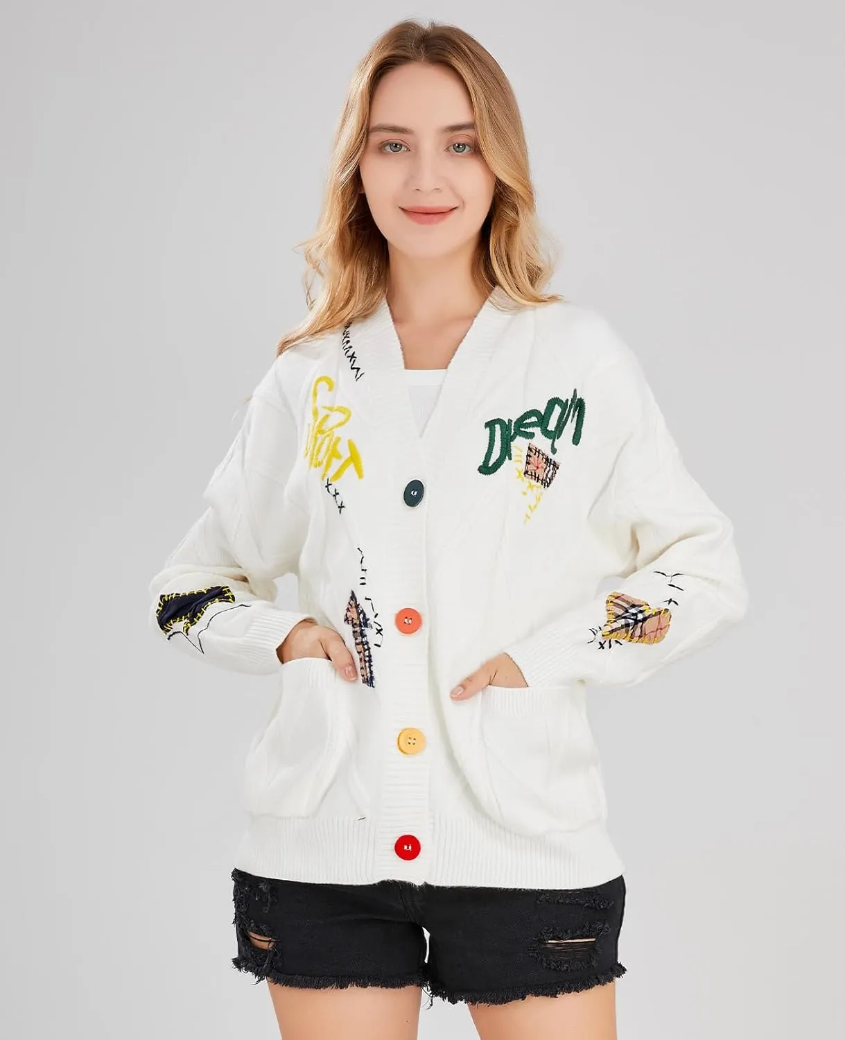 Women's Cable Knit Long Sleeve Open Front Cardigan Sheep V-Neck Button Down Embroidery Wool Blend Sweater Coat Outwear