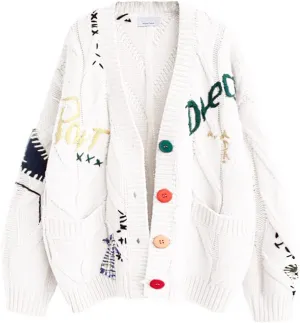 Women's Cable Knit Long Sleeve Open Front Cardigan Sheep V-Neck Button Down Embroidery Wool Blend Sweater Coat Outwear