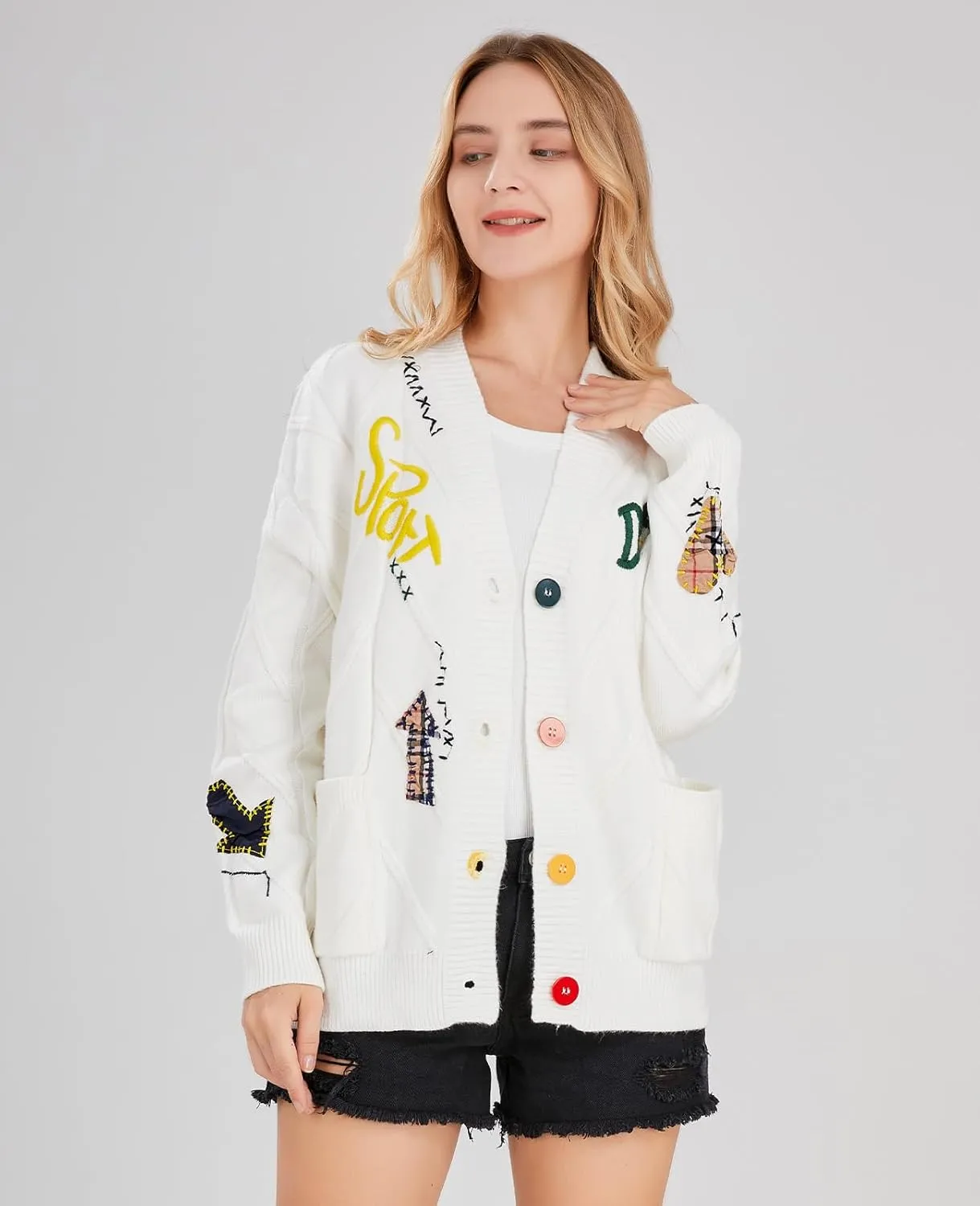 Women's Cable Knit Long Sleeve Open Front Cardigan Sheep V-Neck Button Down Embroidery Wool Blend Sweater Coat Outwear
